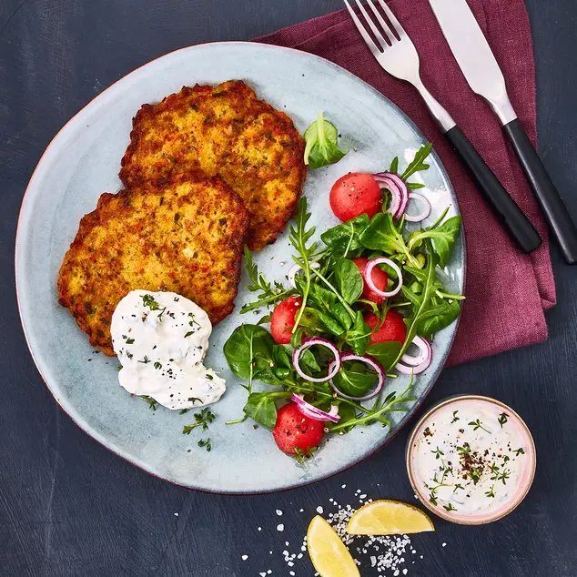Zwei goldbraun gebratene Gemüsetaler, serviert auf einem Teller mit Kresse-Kräuterquark und einem frischen Salat aus Feldsalat, Radieschen, roten Zwiebeln und einer leichten Vinaigrette. Daneben liegt ein kleines Schälchen mit Quarkdip sowie Zitronenspalten, angerichtet auf einem dunklen Hintergrund mit Besteck auf einer weinroten Stoffserviette.