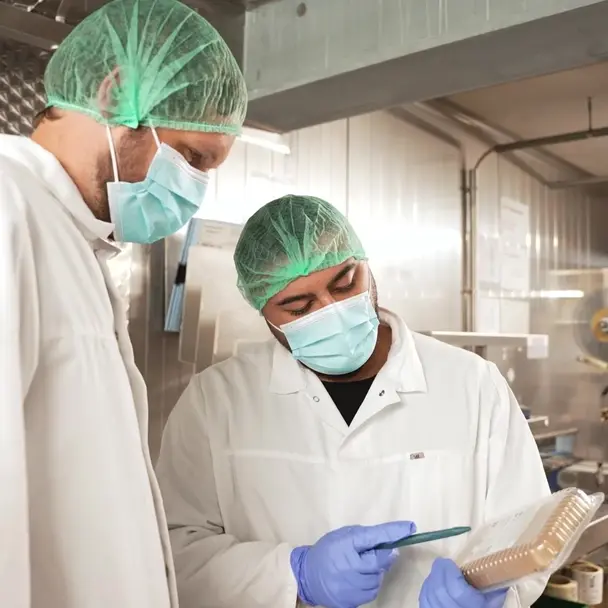 Zwei Mitarbeiter der Kartoffelmanufaktur Pahmeyer überprüfen gemeinsam ein verpacktes Produkt in der Produktionshalle, ausgestattet mit Hygienemasken, Haarnetzen und Schutzkleidung.