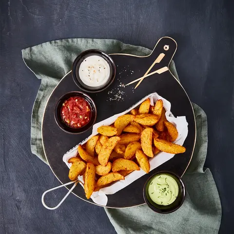 Knusprige Wedges serviert auf einer rustikalen Holzplatte, begleitet von drei köstlichen Dips: cremiger Sour Cream, würzigem Tomatendip und frischem Kräuterdip. Angerichtet mit einer grünen Stoffserviette im Hintergrund für einen natürlichen Look.