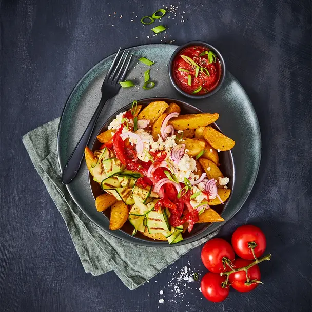 Krosse Wedges-Bowl mit frischem Zucchinisalat, saftigen Tomaten, roten Zwiebeln und einer Prise Feta, serviert mit einem würzigen Dip. Angerichtet auf einem dunkelgrauen Teller mit grüner Stoffserviette, begleitet von frischen Tomatenrispen.